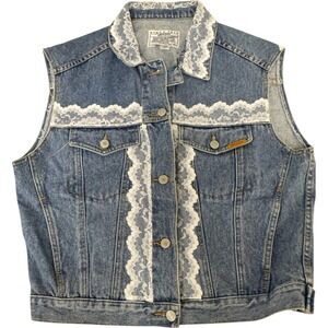 Jordache Sleeveless Blue Denim Vest Jacket Womens Size L Lace Trim Accent Cotton